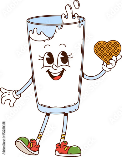 Cartoon groovy glass of milk drink character holding a heart shaped wafer. Vector funky retro healthy breakfast beverage personage with joyful face expression, and playful nostalgic vibes