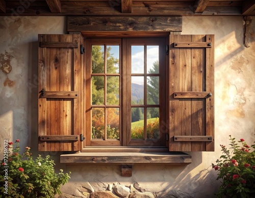 Rustic Wooden Window with Mountain View