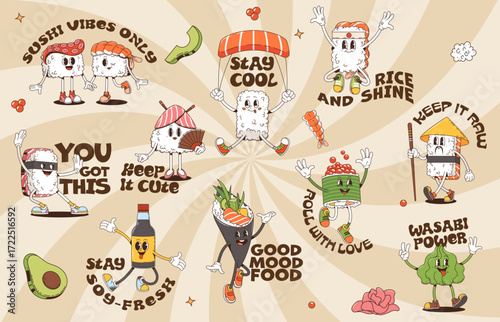 Retro y2k groovy stickers of cute cartoon sushi characters with playful expressions and fun quotes like rice and shine, stay cool, wasabi power. Vector patches for food and Japanese pop culture lovers