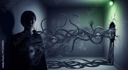 creepy fears, fear in life, forms of anxiety, depressed people, human and their fears, anxiety concept art, anxiety illustrations, double exposure of anxiety, fear