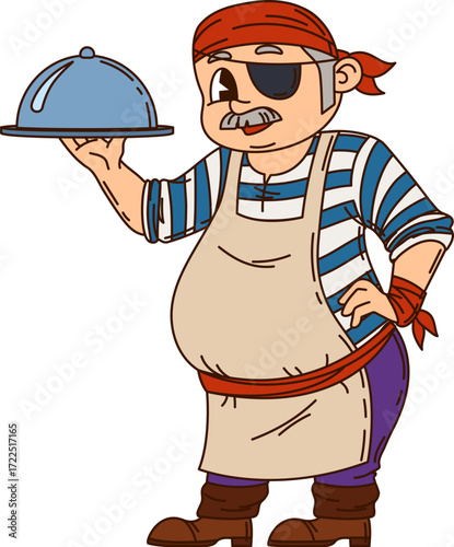 Pirate and Caribbean corsair cook chef cartoon groovy character vector personage. Caribbean pirate or ship crew man of boat kitchen cook man and corsair chef with dish tray as cartoon character