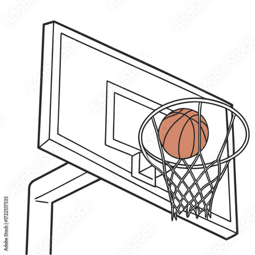 A basketball is about to go through the net of a basketball hoop illustrating a successful shot or a moment of victory in the sport
