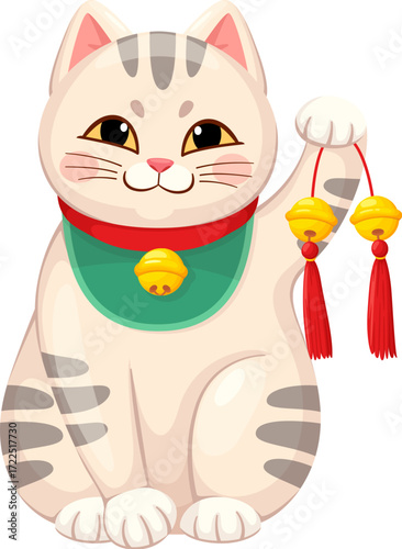 Maneki neko Japanese lucky cat with Chinese golden bells of luck and fortune, cartoon vector. Maneki neko cat or animal toy character with Chinese golden bells for luck, prosperity and fortune symbol