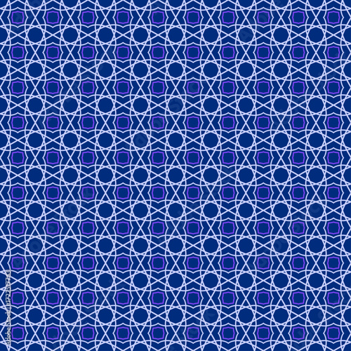 Intricate geometric pattern of interlocking star and circle motifs in shades of blue, creating a visually stunning and complex design