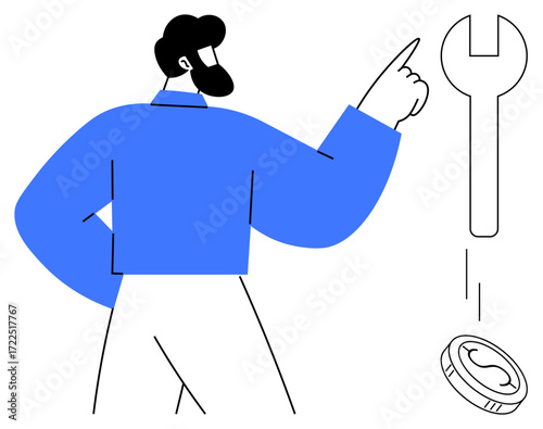 Person in a blue shirt pointing at a large wrench and falling coin, emphasizing tools, repair, finance, decision-making, services, economic choices, and fixing concepts. Ideal for maintenance