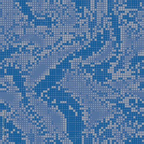 Halftone digital navy camouflage. Pattern in blue tones, camo grid, polka dot background. Seamless texture. Vector wallpaper