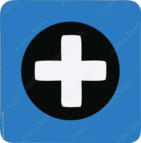 Digital plus icon symbol representing addition technology innovation and positive growth concepts in a square blue frame