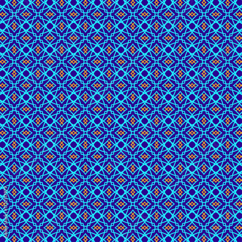 A seamless geometric pattern featuring intricate interlocking diamond shapes and lattice designs in vibrant shades of blue and orange, creating a visually striking background or textile print