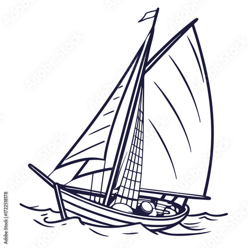 A classic sailboat with full sails glides across the water creating gentle waves depicted in a clean and simple line art style