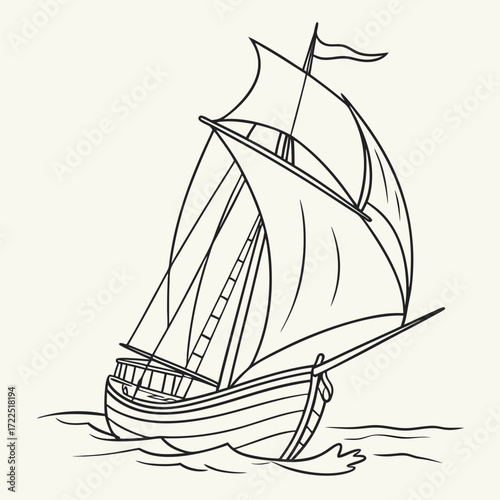 A classic sailing ship with full sails glides across the ocean waves in a simple elegant black and white line drawing illustration