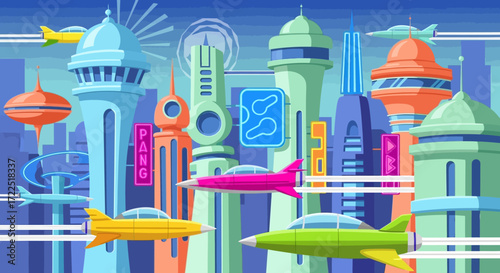 Futuristic flying cars soaring through a vibrant cityscape.