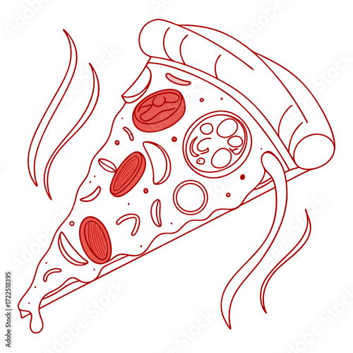 A delicious slice of pizza with red outline and red toppings showing steam rising from the hot food perfect for culinary themes