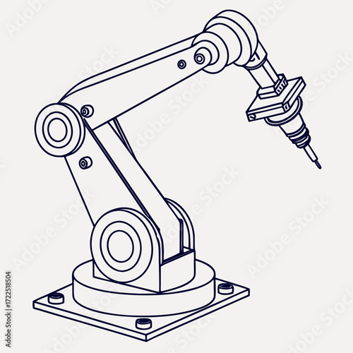 A detailed line drawing illustration of a robotic arm with multiple joints and a tool at the end isolated on a light background representing automation and industry