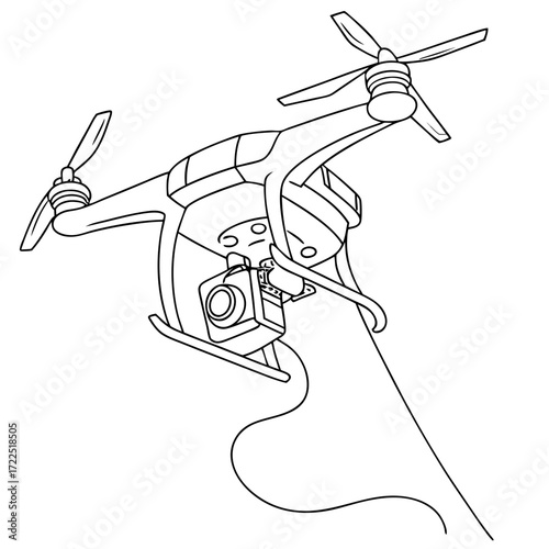 A detailed line drawing illustration of a modern quadcopter drone with a camera mounted on its underside showcasing its propellers and intricate design elements against a clean white background