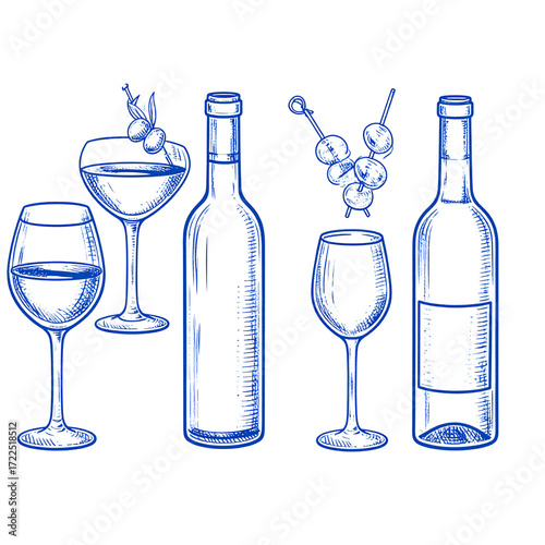 Hand drawn wine glass, vino bottle and olives on cocktail stick vector illustration collection set simple drawing modern design elements party celebration drink icons blue color