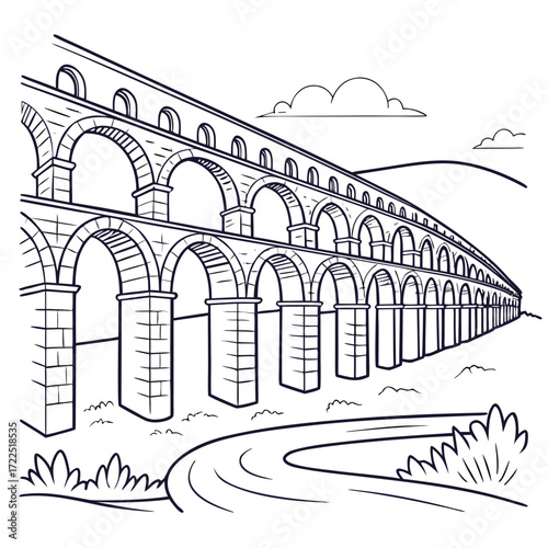 A detailed line drawing of a grand ancient roman aqueduct with multiple tiers of arches stretching into the distance under a cloudy sky showcasing historical architecture and engineering