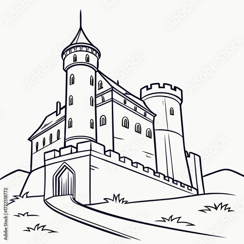 A majestic medieval castle with tall towers and a fortified wall stands proudly on a hill depicted in a clean and classic black and white line drawing style