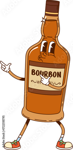 Hippie bourbon drink bottle groovy character. Party booze, bar or pub cocktail drink ingredient groovy vector cute personage. Bourbon, whiskey, cognac or brandy alcohol beverage cheerful character