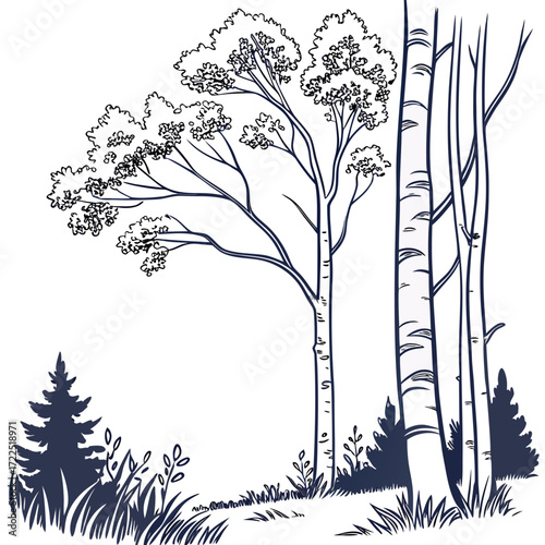 A minimalist line art drawing of a forest scene featuring birch trees and evergreen trees with grassy foreground and a white background