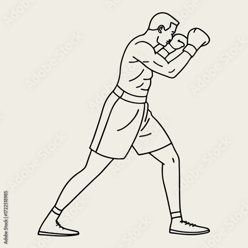 A minimalist line art illustration of a boxer in a defensive stance wearing boxing gloves and shorts ready for combat on a neutral background