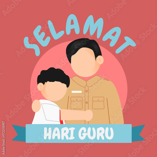 illustration of Indonesian elementary student hugging his male teacher for Happy Teachers Day.  Selamat Hari Guru design concept