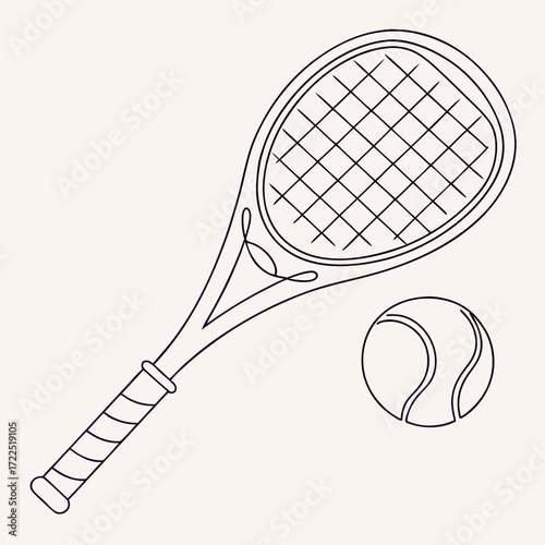 A minimalist line art illustration of a tennis racket and ball on a plain background perfect for sports and fitness concepts