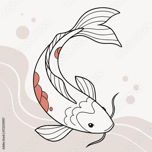 A minimalist line art illustration of a white koi fish with coral colored markings swimming gracefully in calm water with subtle wavy lines and bubbles