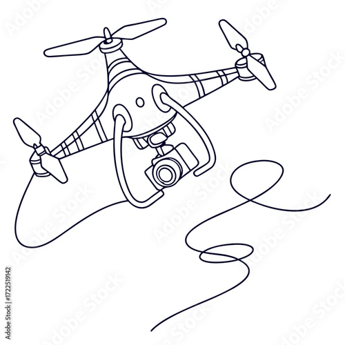 A minimalist line drawing of a quadcopter drone with a camera attached suspended by a stylized wire or tether conveying a sense of aerial photography and modern technology