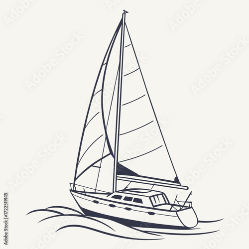 A minimalist line drawing of a sailboat with full sails gliding gracefully across stylized waves on a calm sea evoking a sense of freedom and adventure