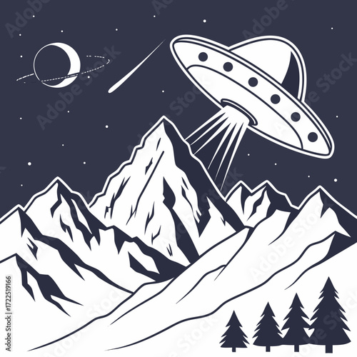 A mysterious flying saucer descends from the starry night sky beaming light onto a majestic mountain range with silhouetted pine trees below