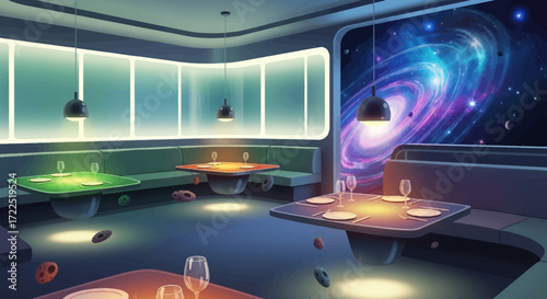 Futuristic restaurant interior with glowing tables and cosmic view.