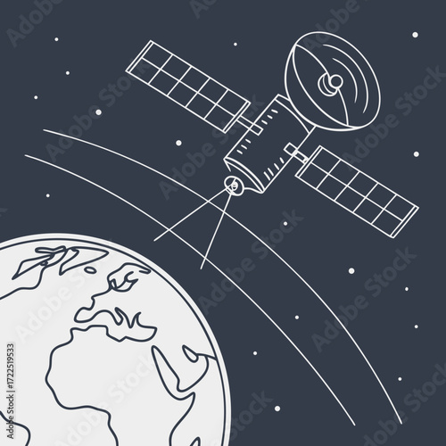 A simple line art illustration of a satellite in orbit around planet earth with stars in the background representing space exploration and technology