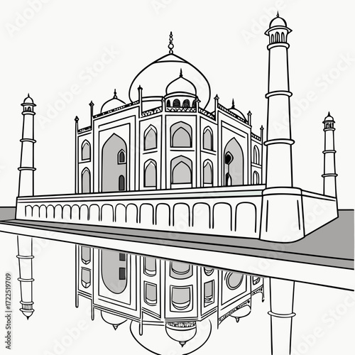 A striking black and white line art illustration of the iconic taj mahal monument in india showcasing its symmetrical architecture and reflection in the water below