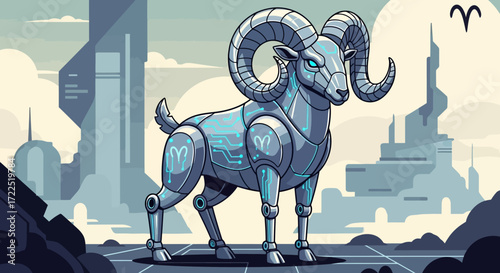 Futuristic Robotic Ram with Metallic Horns and Body.
