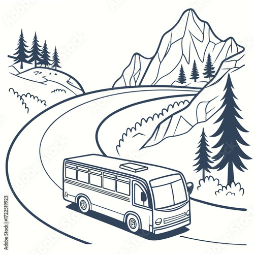 A stylized line art illustration of a bus driving on a winding road through a mountainous landscape with pine trees and clear sky