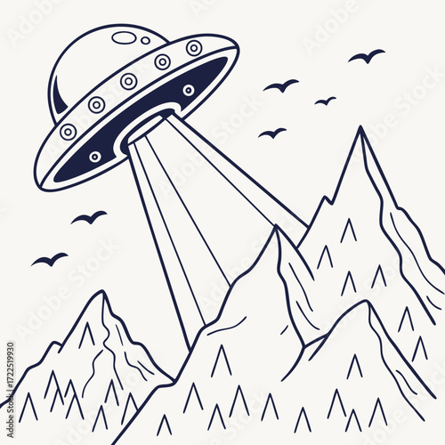 A stylized line art illustration of a classic flying saucer ufo hovering over a mountain range with a beam of light shining down and several birds flying in the sky