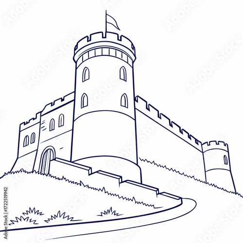 A stylized line art illustration of a medieval castle with battlements and a central keep perched on a grassy hill under a clear sky suitable for coloring or design