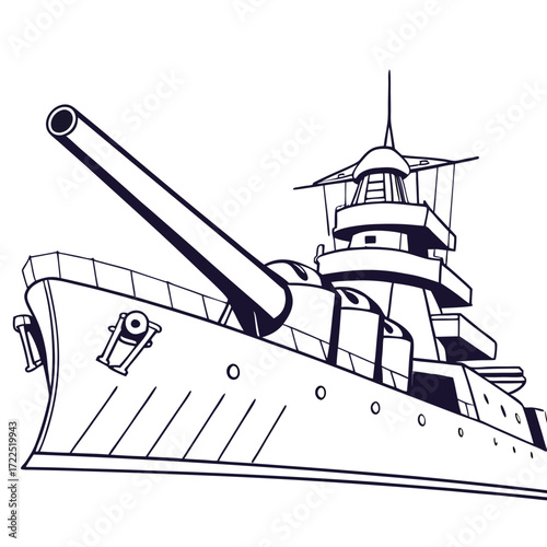 A stylized line art illustration of a powerful battleship with a prominent gun turret and a commanding bridge presented in a simple bold outline style against a white background