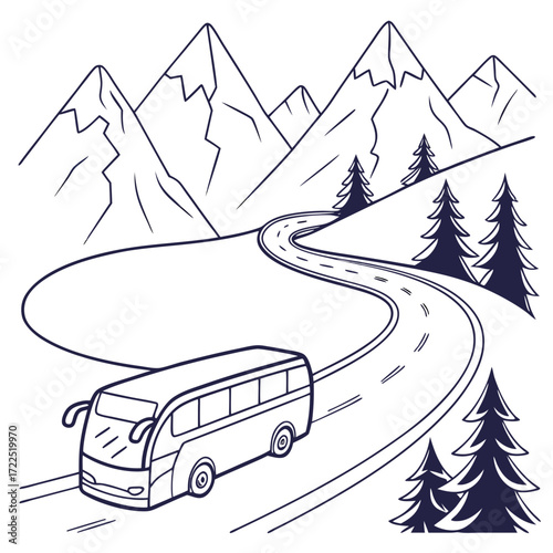 A stylized line drawing of a bus traveling on a winding road through a mountainous landscape with pine trees conveying a sense of journey and adventure