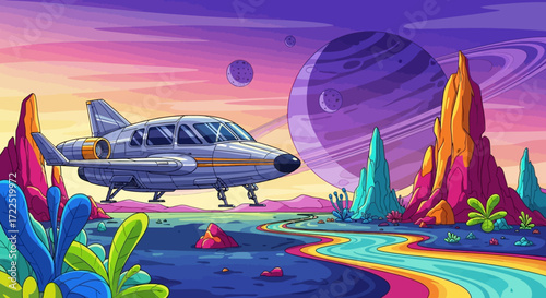 Futuristic Spaceship on Alien Planet.