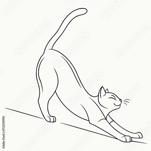 A stylized line drawing of a contented cat stretching its body with its eyes closed and tail raised high isolated on a white background