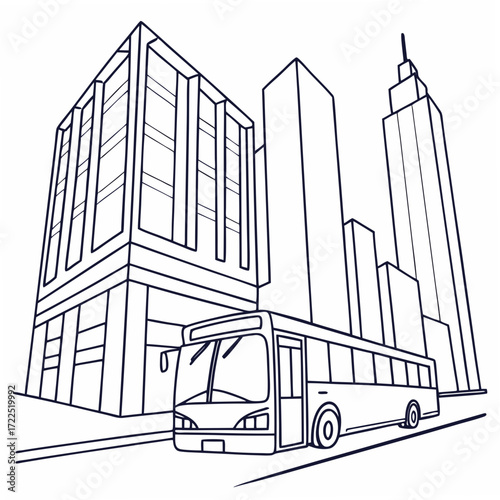 A stylized line drawing of a city street scene featuring a bus in the foreground with tall buildings in the background rendered in a simple black and white outline style