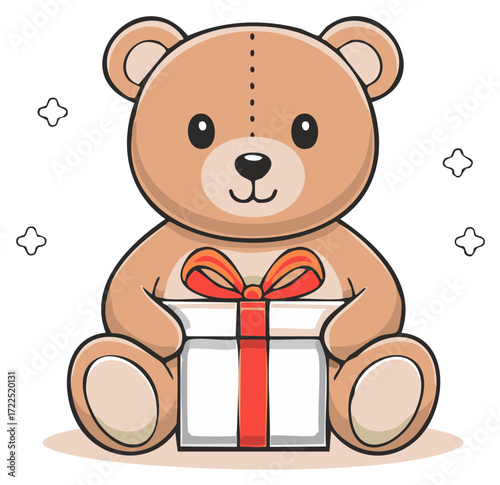 Cartoon teddy bear character holding gift box with ribbon and stars, illustration for children's holiday celebrations