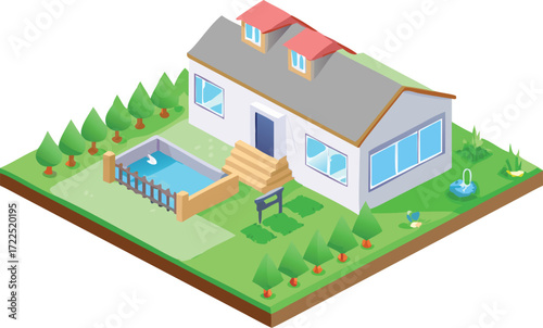 Isometric view of a house with a swimming pool and deck area, showcasing outdoor living space.
