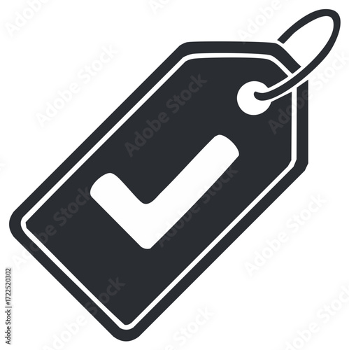 Black price tag with white checkmark approval concept