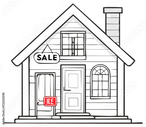 House with a For Sale sign and a Sold sign, the perfect house with a chimney for living, drawn as outline illustration