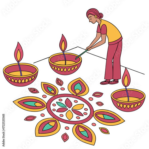 A woman lights diyas around a colorful rangoli during a festival celebration symbolizing joy and tradition