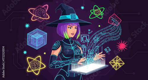 Futuristic Witch with Glowing Tablet and Digital Magic.