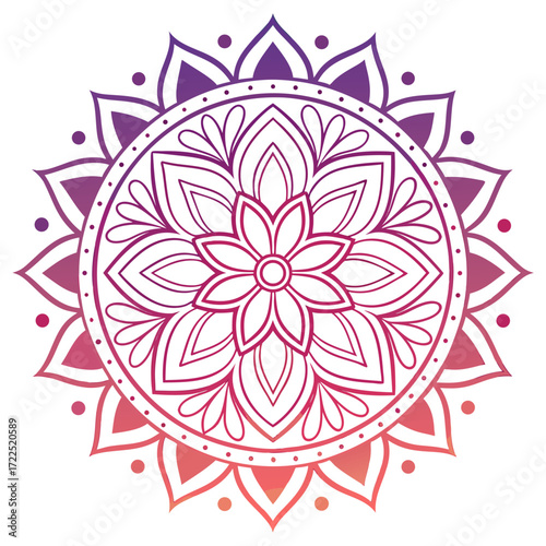 Beautiful circular mandala design with intricate floral patterns and a gradient of purple to pink and orange colors on a white background symbolizing peace and harmony