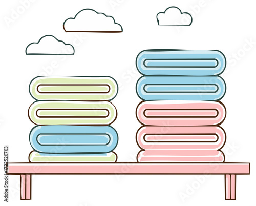 Stacks of Pastel Colored Towels on a Pink Shelf with Clouds Outline